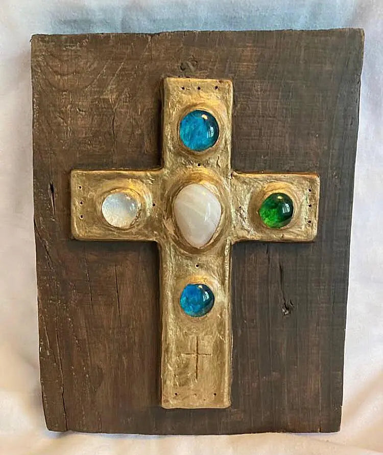 Icoană artistică cu cruce, sticlă și piatră semiprețioasă
